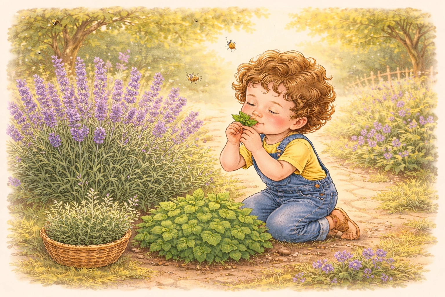 Child smelling fresh lavender, mint, and rosemary in a calming aromatic garden setting