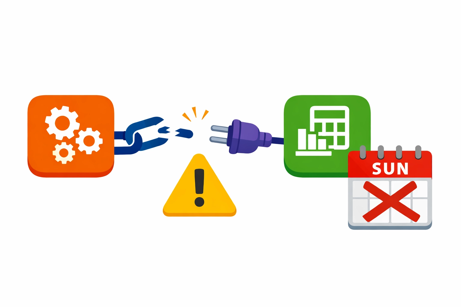 Broken connector between two app icons with a warning symbol and a Sunday calendar crossed out to show the sync headache.
