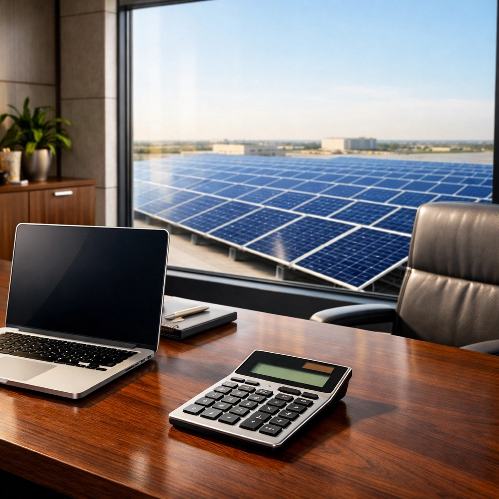Office desk with a calculator overlooking a commercial solar panel installation on a warehouse roof.