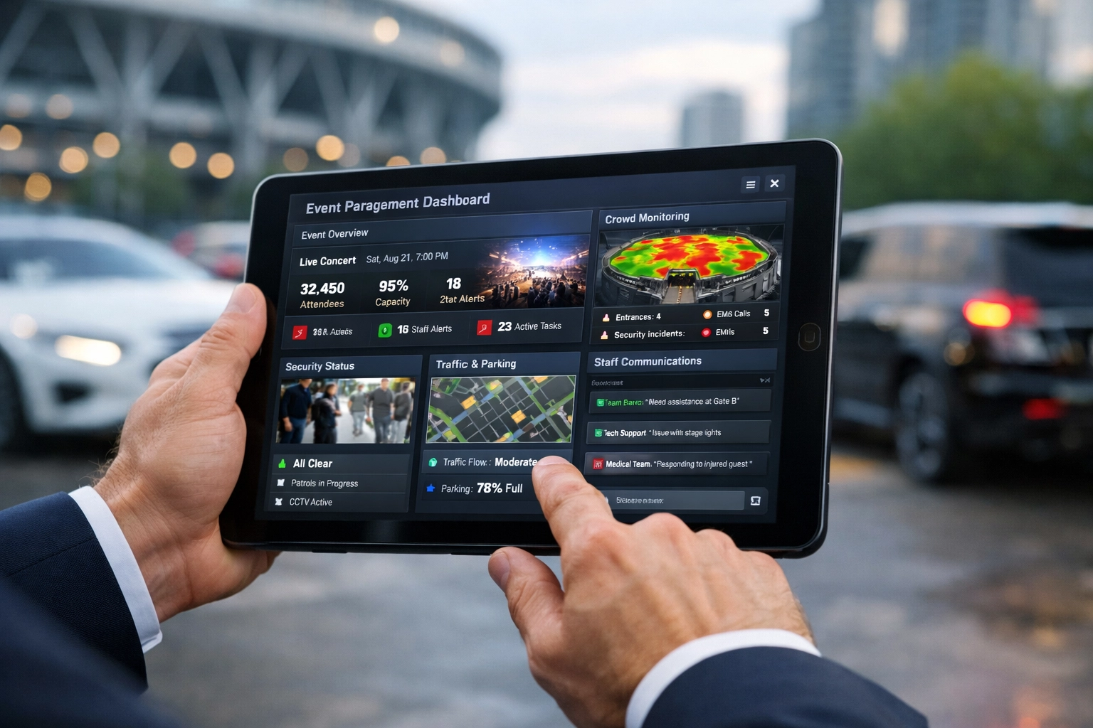 Real-time event management dashboard technology for Super Bowl corporate hospitality coordination
