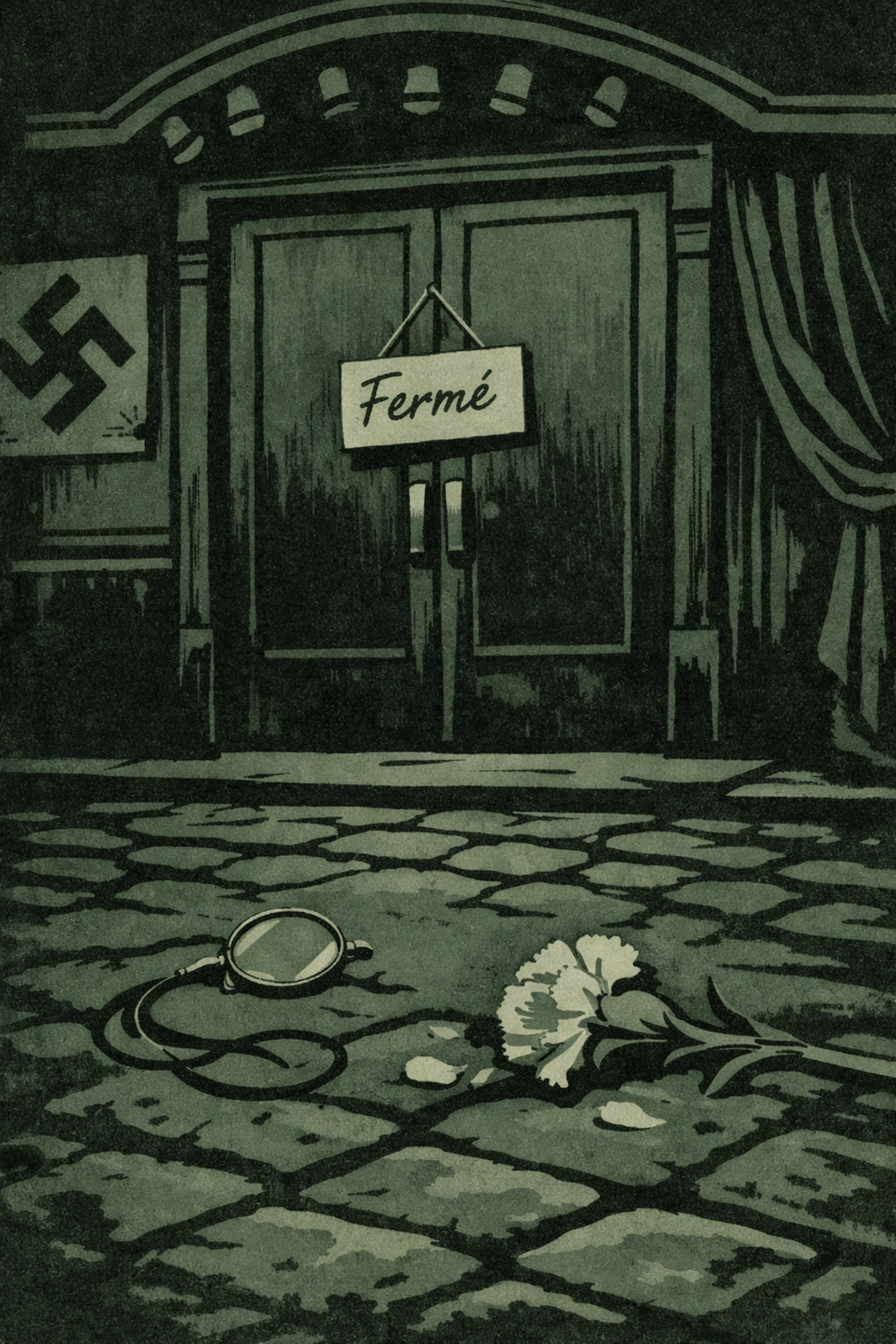 Closed Le Monocle nightclub door with scattered monocle and white carnation during Nazi occupation