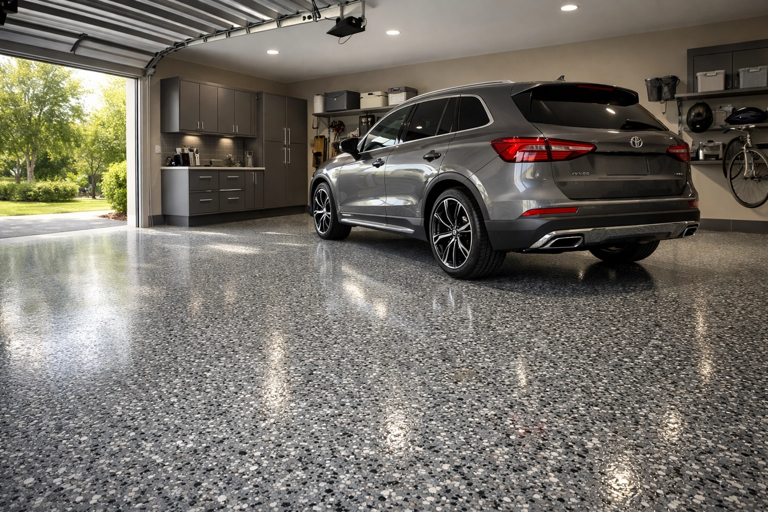 High-end residential garage with durable grey flake polyaspartic flooring and luxury SUV.
