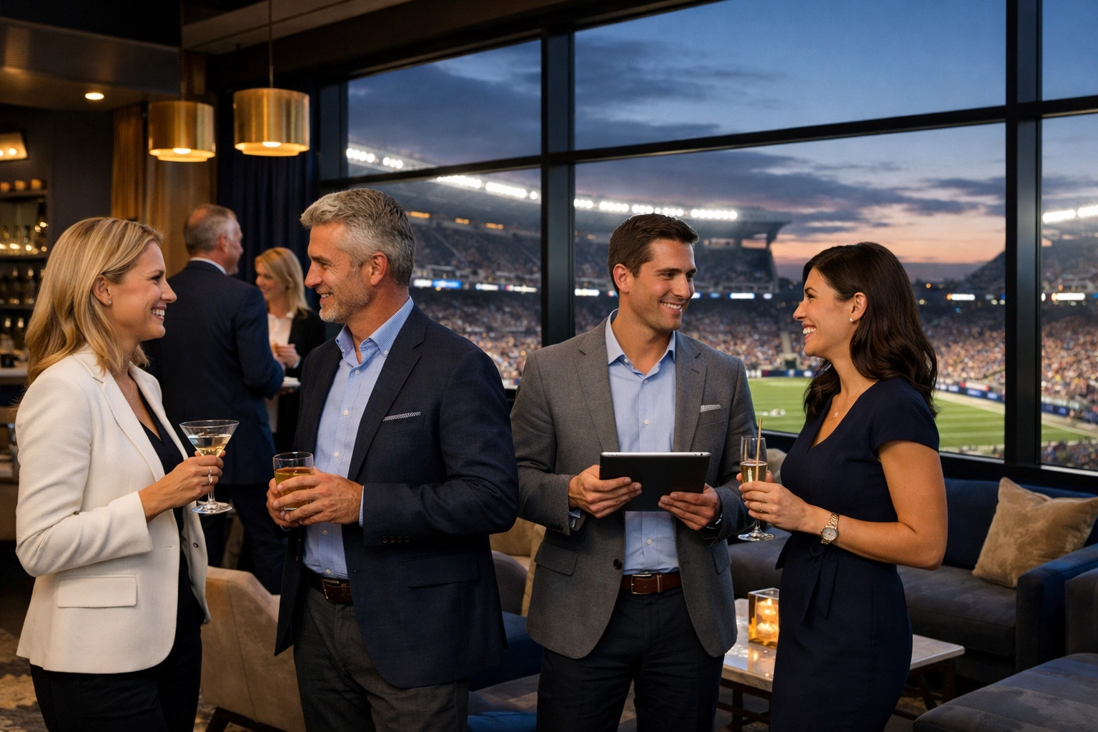 Executives networking in VIP hospitality suite overlooking Super Bowl stadium at dusk