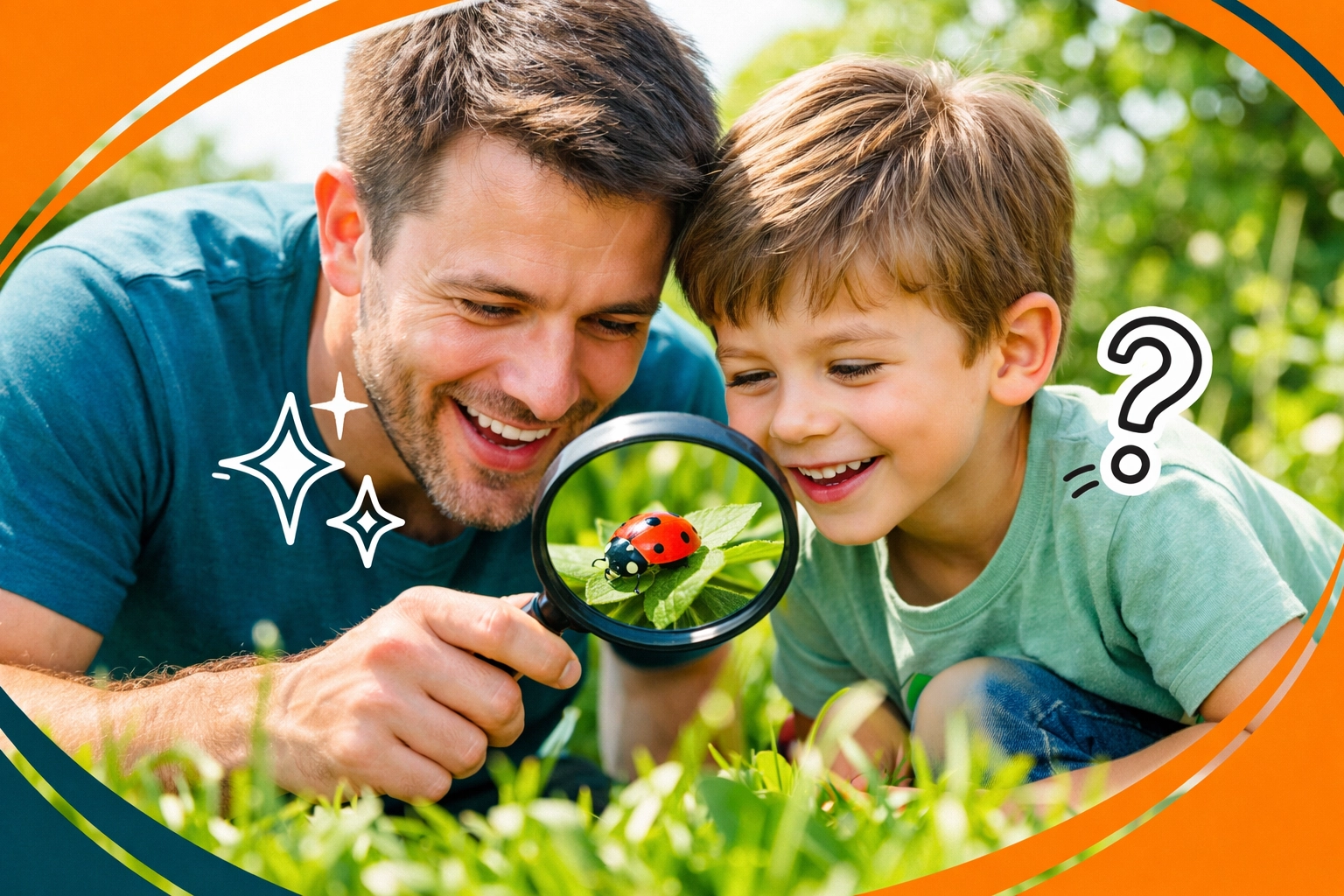 Father and son exploring nature with a magnifying glass to foster curiosity and life skills.