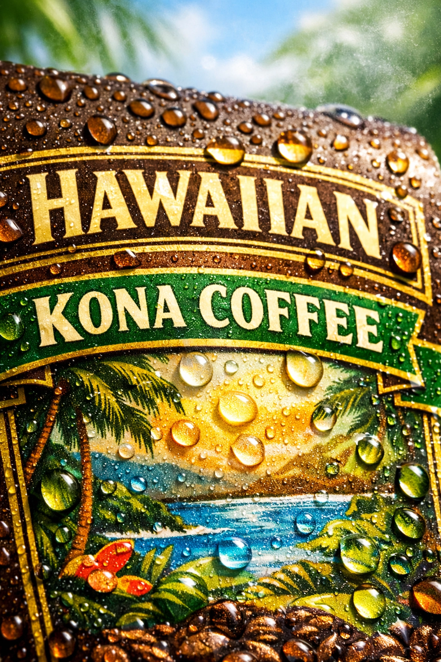 Weather-resistant custom coffee label with water droplets demonstrating durability in Hawaii's humid climate