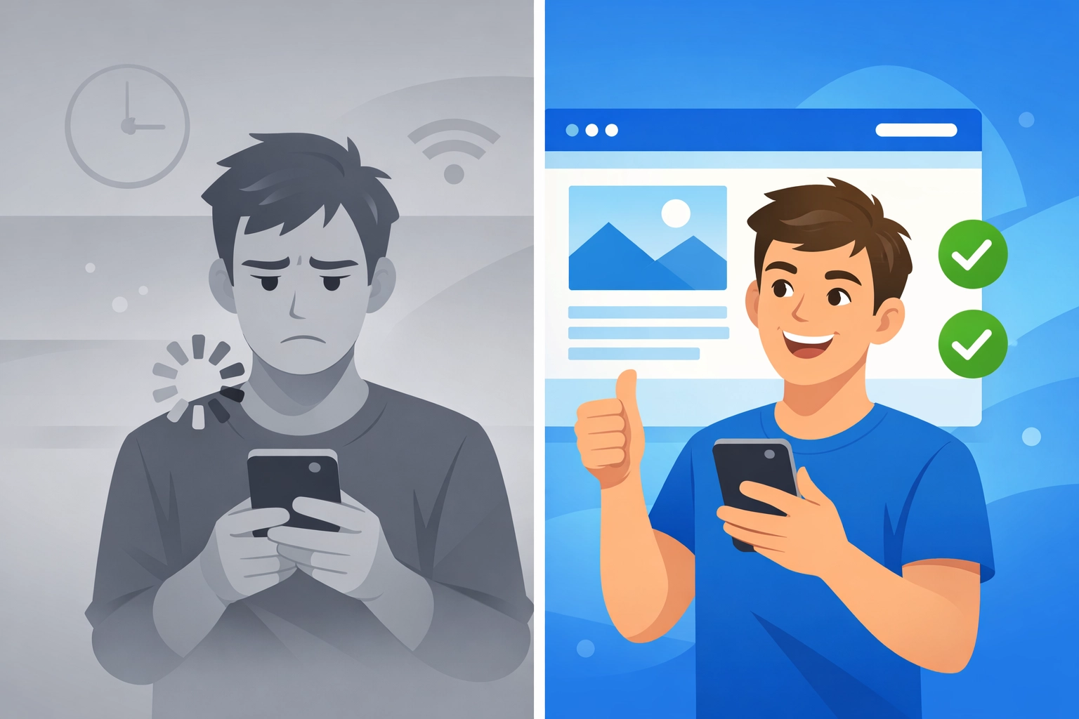 Slow loading website versus fast loading website comparison showing impact on user experience