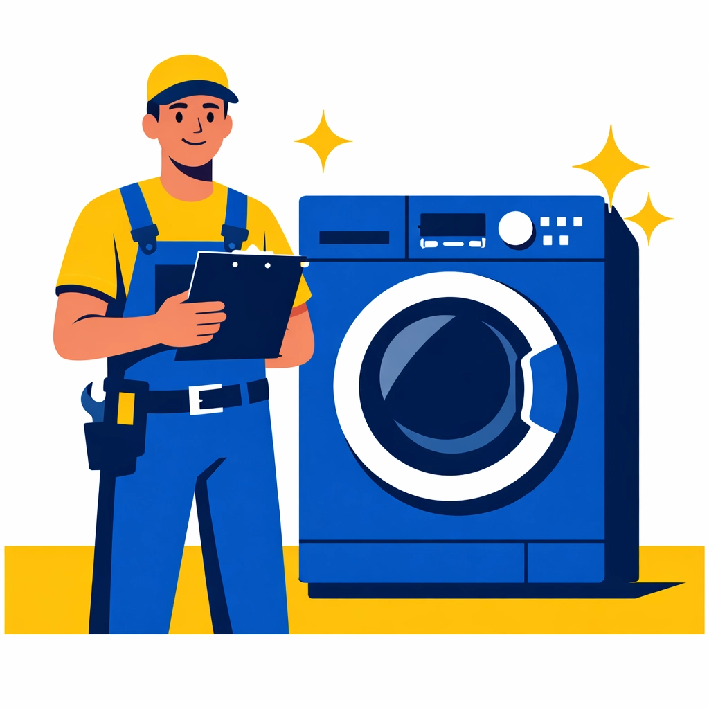 Professional service technician with a successfully repaired washing machine for a happy customer.