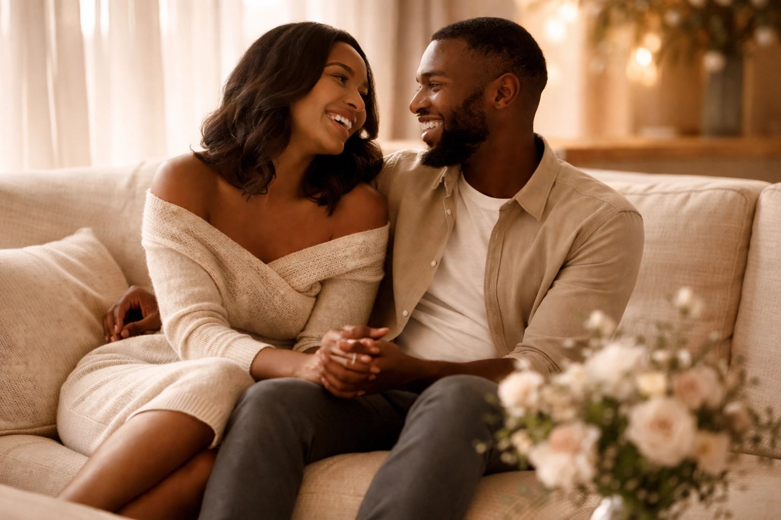 Joyful African American couple laughing on sofa, celebrating engagement with authentic love and warmth