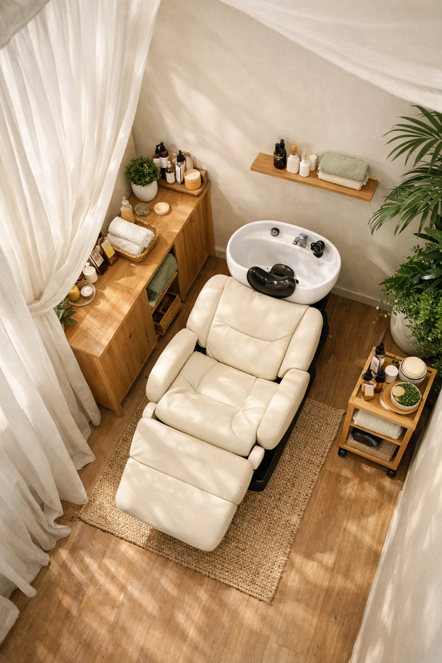 Compact head spa corner in small salon with ergonomic chair and privacy divider