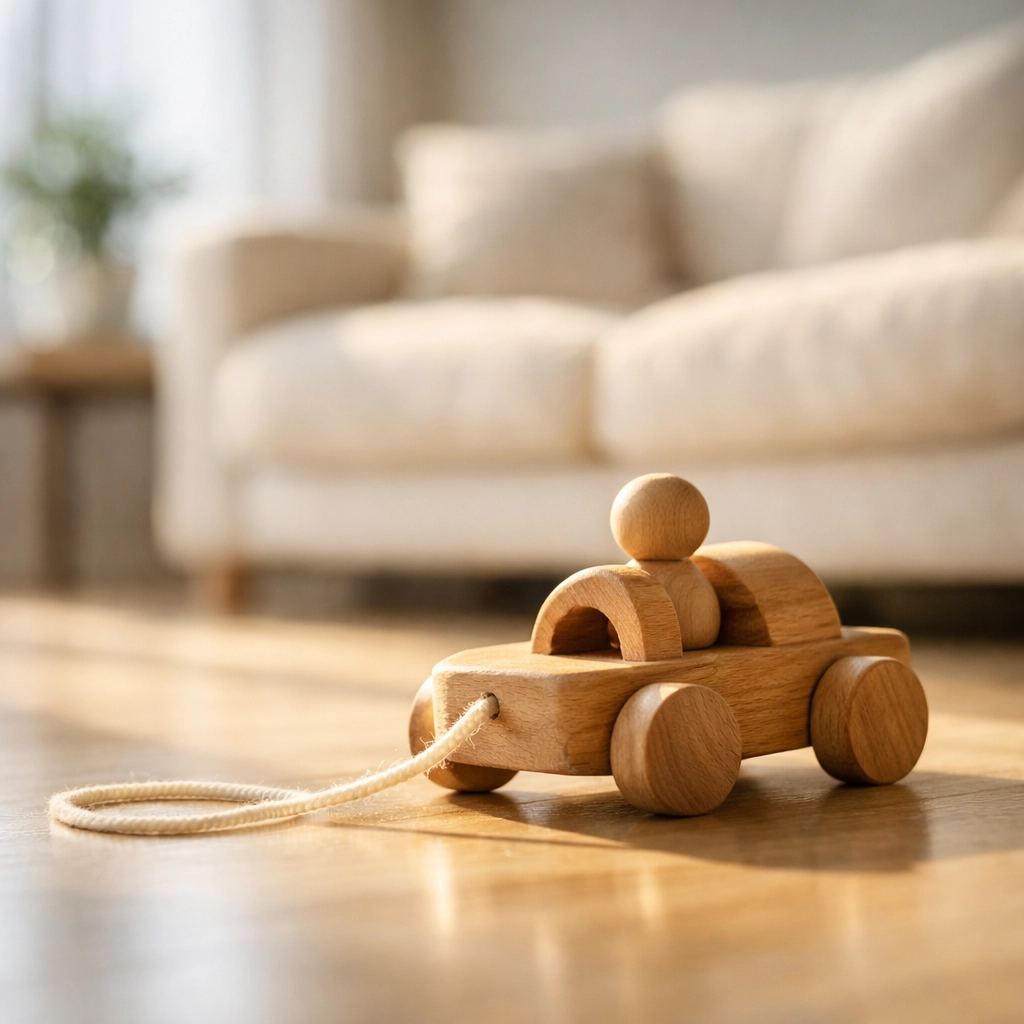 Wooden toddler toy on a sun-drenched floor in a healthy NYC apartment renovation.