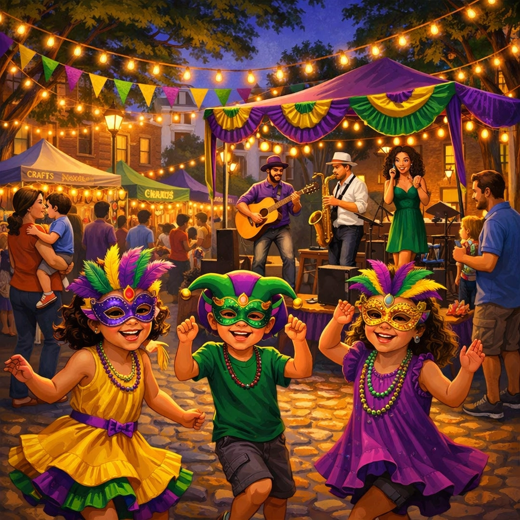 Families enjoying Mardi Gras Third Thursday festival in Summerville with live music and activities