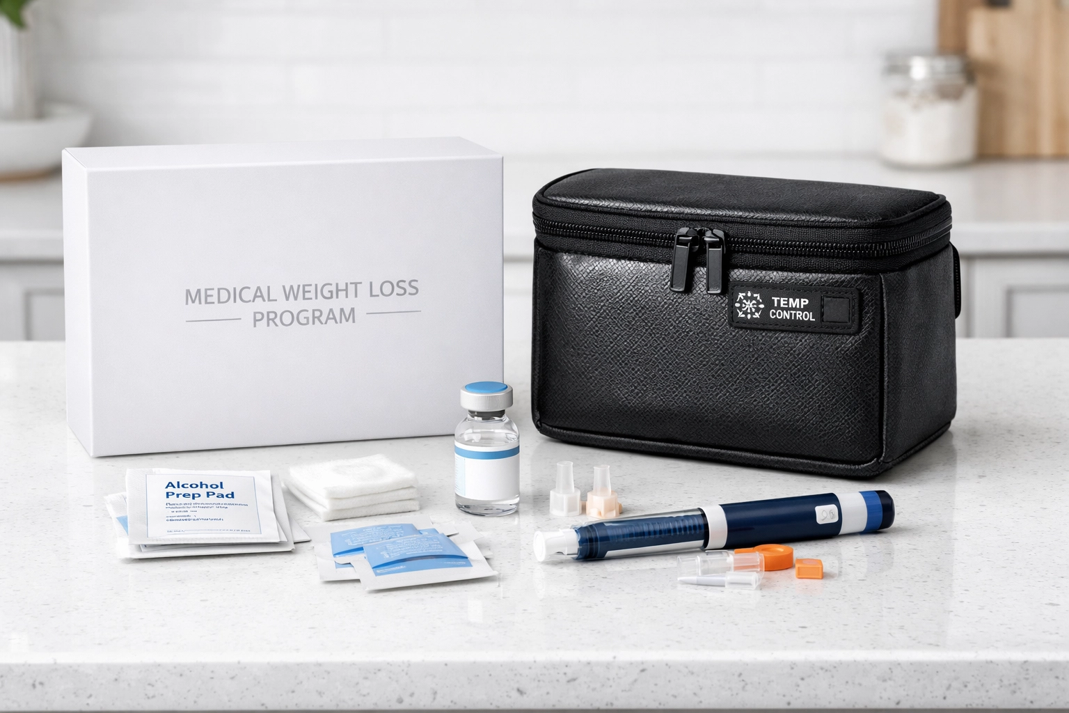 A GLP-1 weight loss medication kit with supplies delivered directly to a patient's home kitchen.