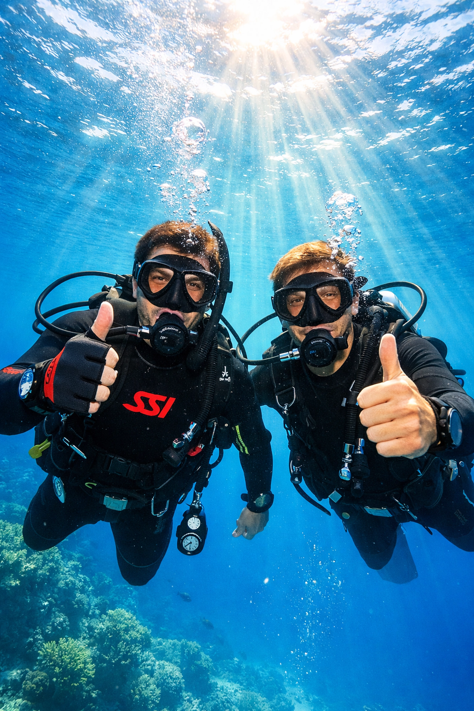 Zwei Taucher beim SSI Tauchkurs unter Wasser mit Daumen hoch