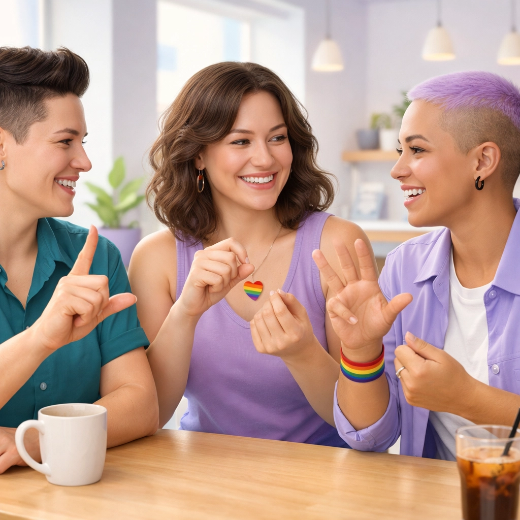 Diverse queer women and non-binary people practice signing together in a cafe, celebrating Deaf community allyship.