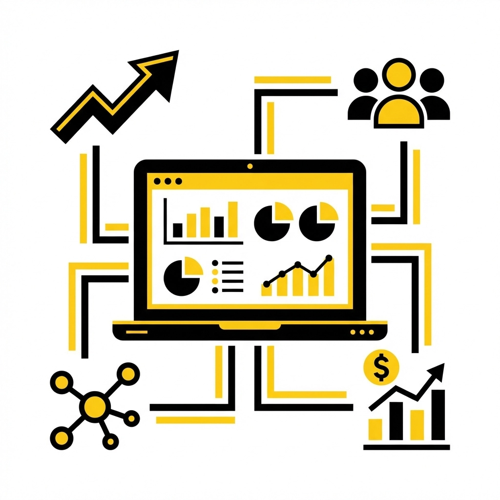 Laptop displaying graphs and charts, surrounded by icons of people, arrows, and network nodes. Black and yellow theme indicates growth.
