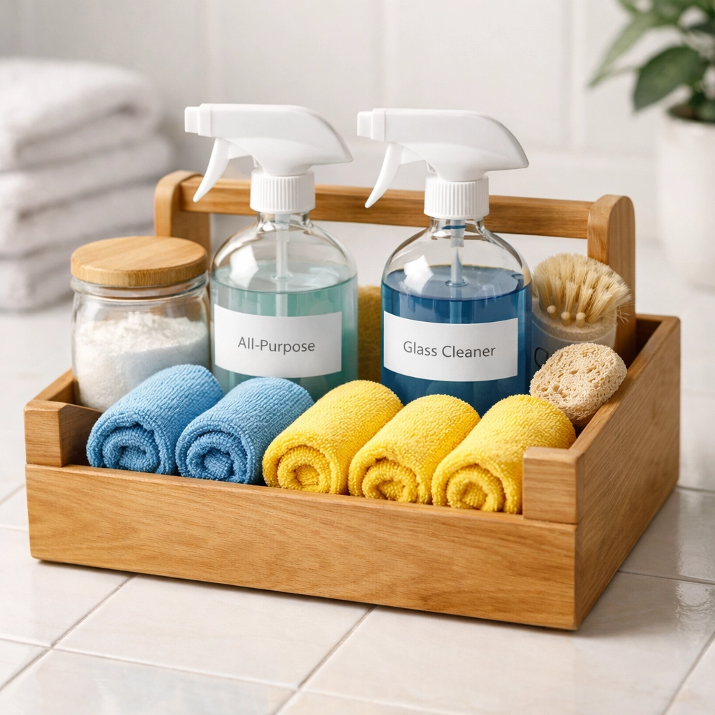 Eco-friendly apartment cleaning kit with non-toxic sprays and microfiber cloths for a safe deep clean.