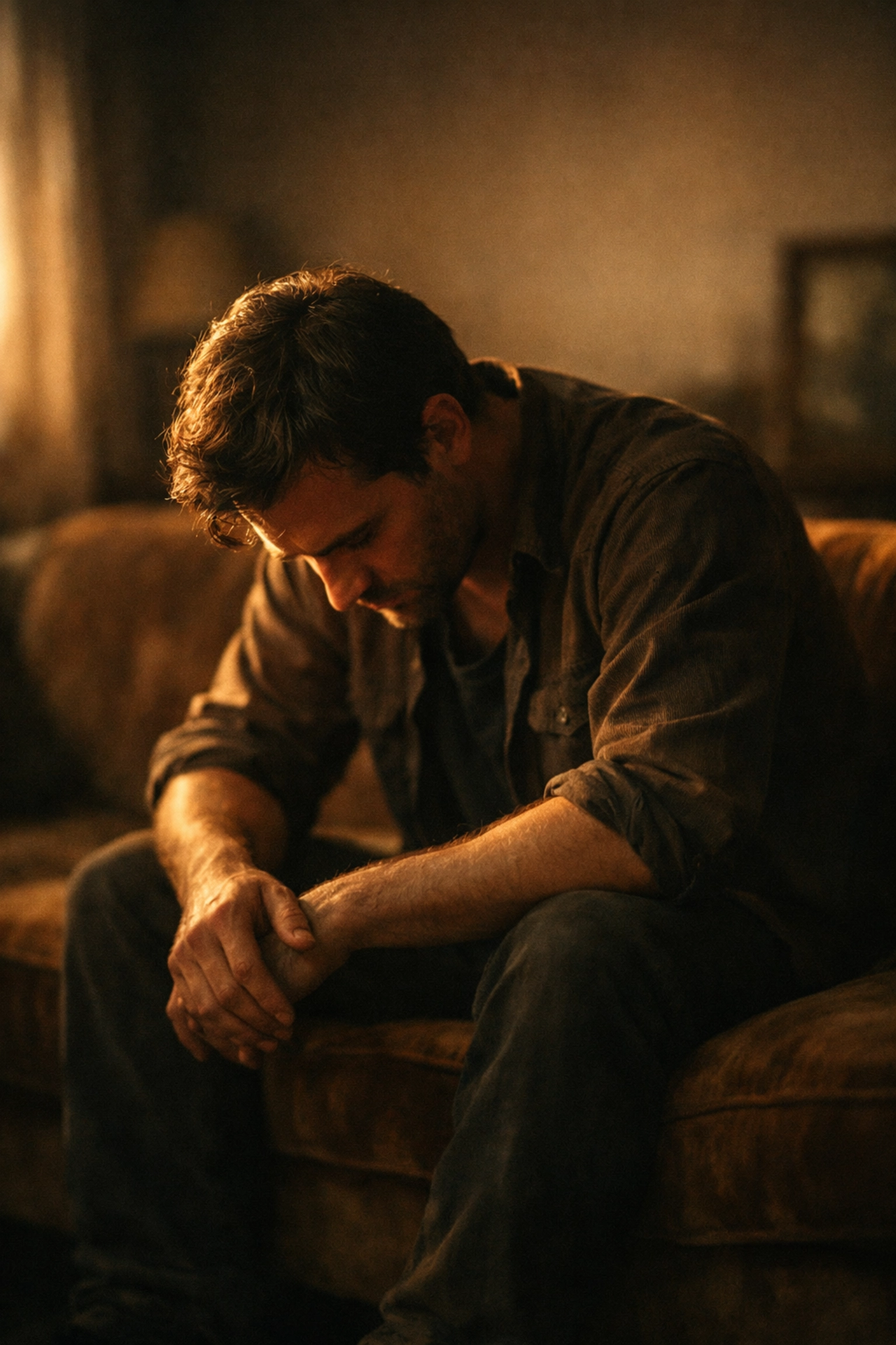 Magányos férfi a kanapén, aki szakértői segítséget keres merevedési zavarára.