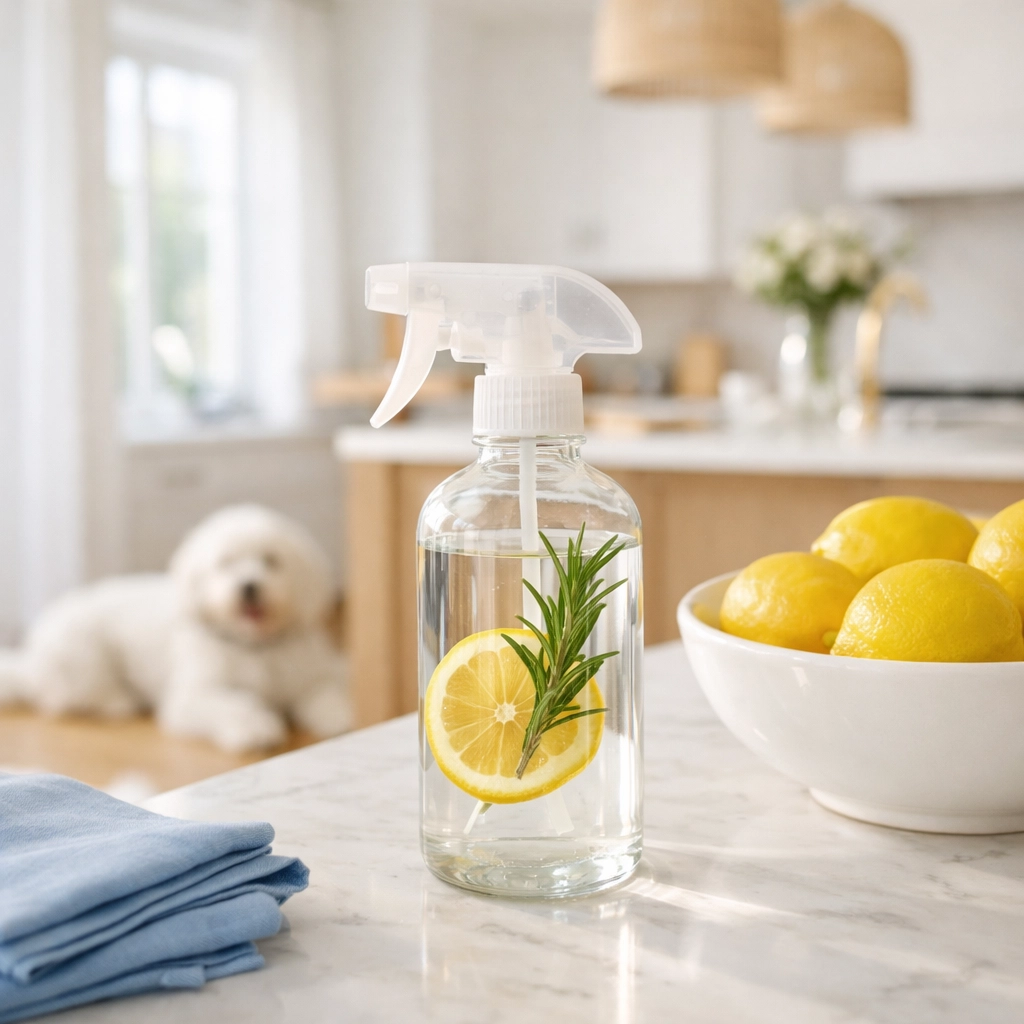 Eco-friendly professional cleaners in Franklin using safe products in a modern sunlit kitchen.