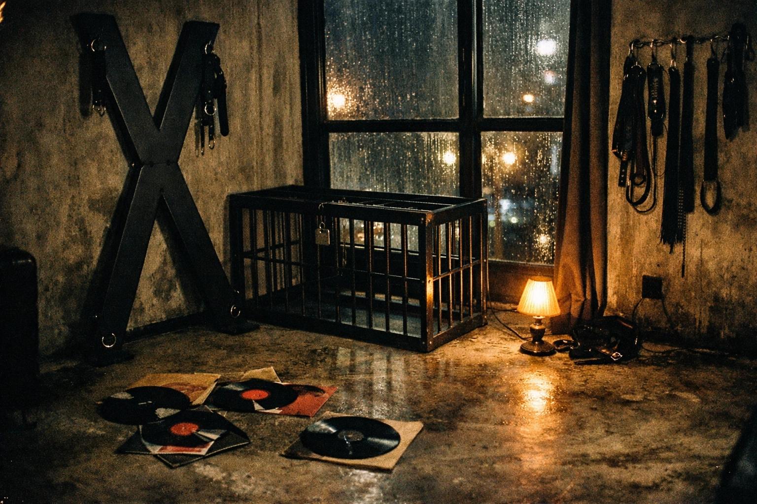 Industrial BDSM furniture in a dark, moody Berlin apartment: steel cross and minimalist cage, shot on grainy 35mm