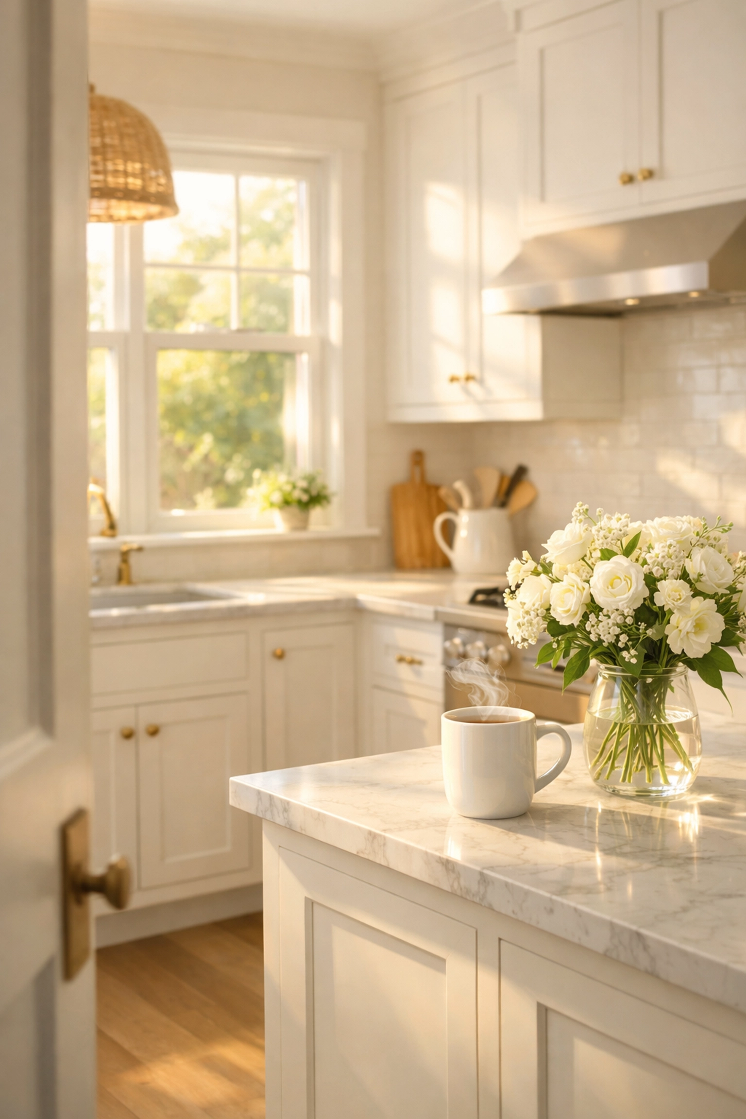 Bright modern kitchen with freshly painted white cabinets in Atlanta home bathed in morning sunlight