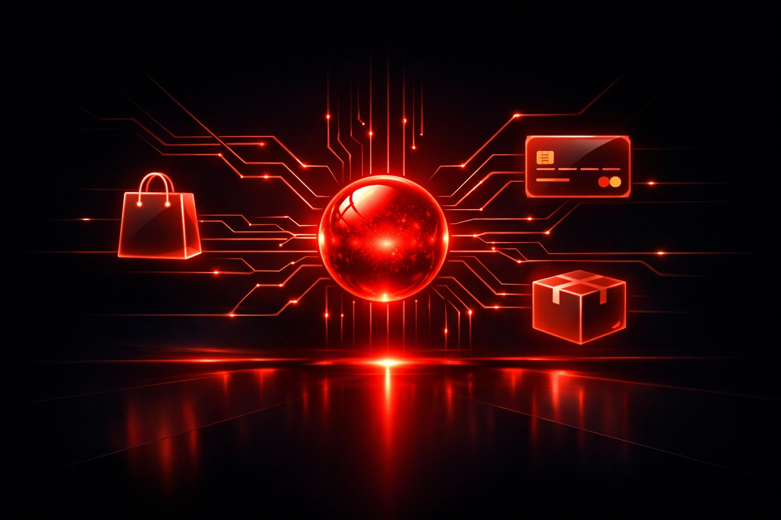 AI agent core with digital commerce icons representing autonomous business execution.