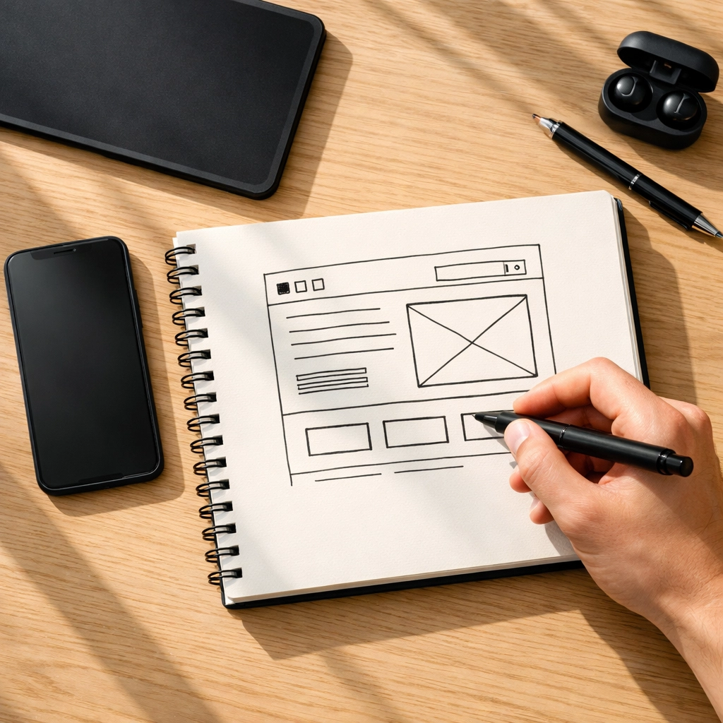 Architectural drawing of a UI wireframe for rapid low-fidelity product design prototyping.