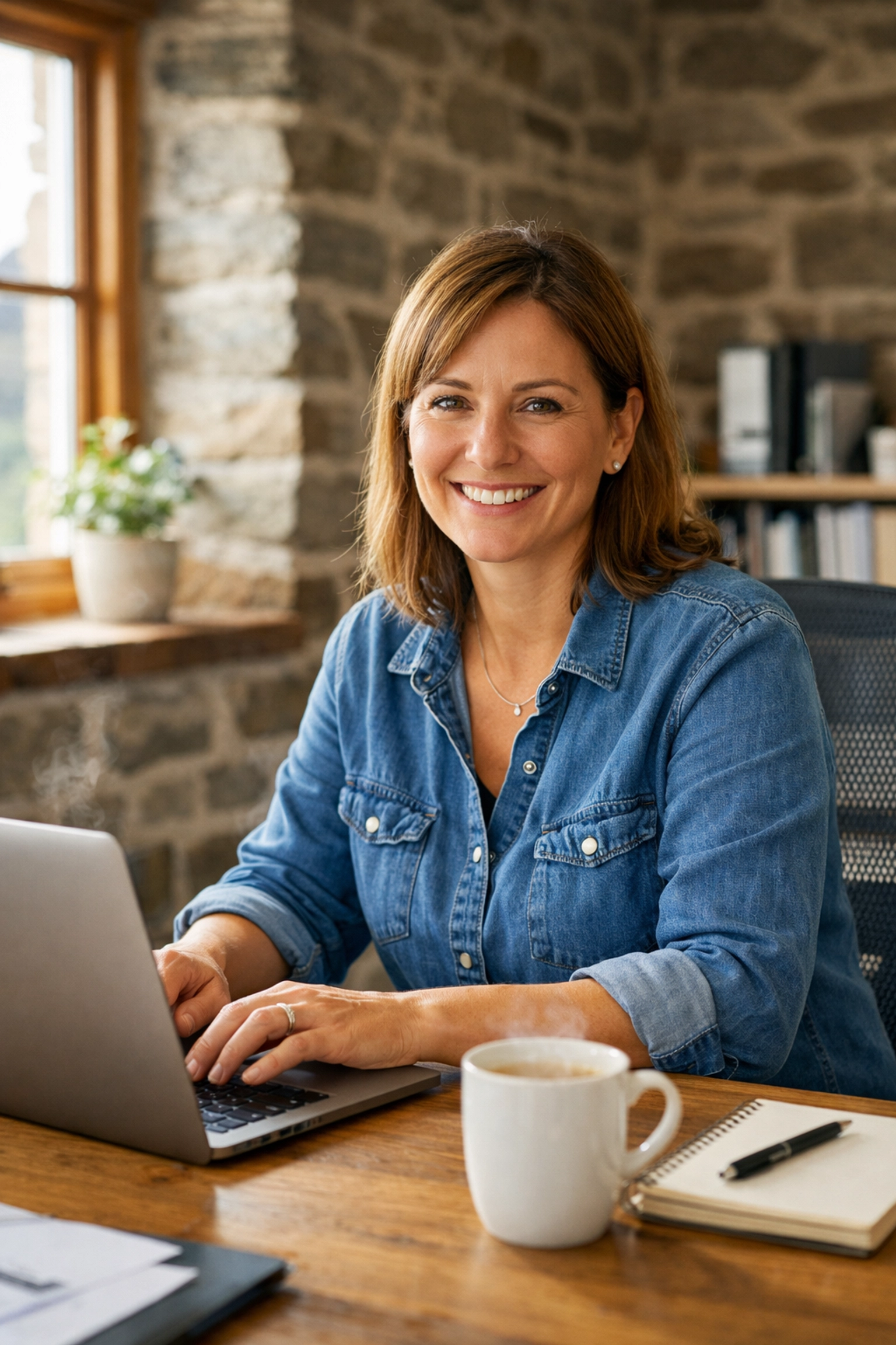An SME owner in a North Wales office managing customer engagement on their Google Business Profile.