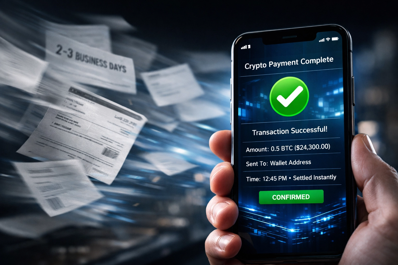 Instant crypto payment settlement on smartphone versus delayed traditional banking processing