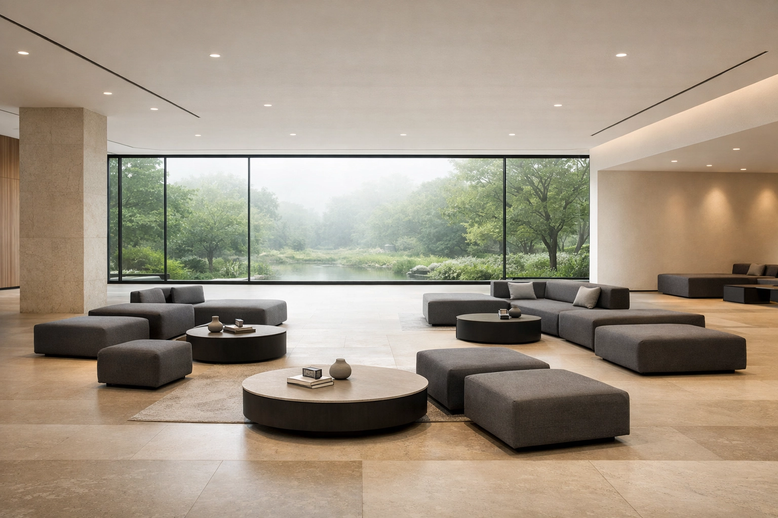 A modern, minimalist hotel lobby showcasing a seamless, queue-free guest experience through AI automation.