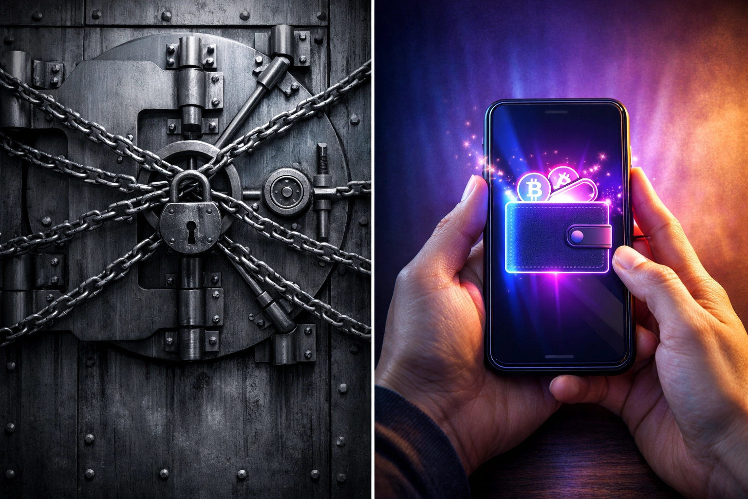 Self-custody crypto wallet on smartphone vs traditional bank vault showing financial control