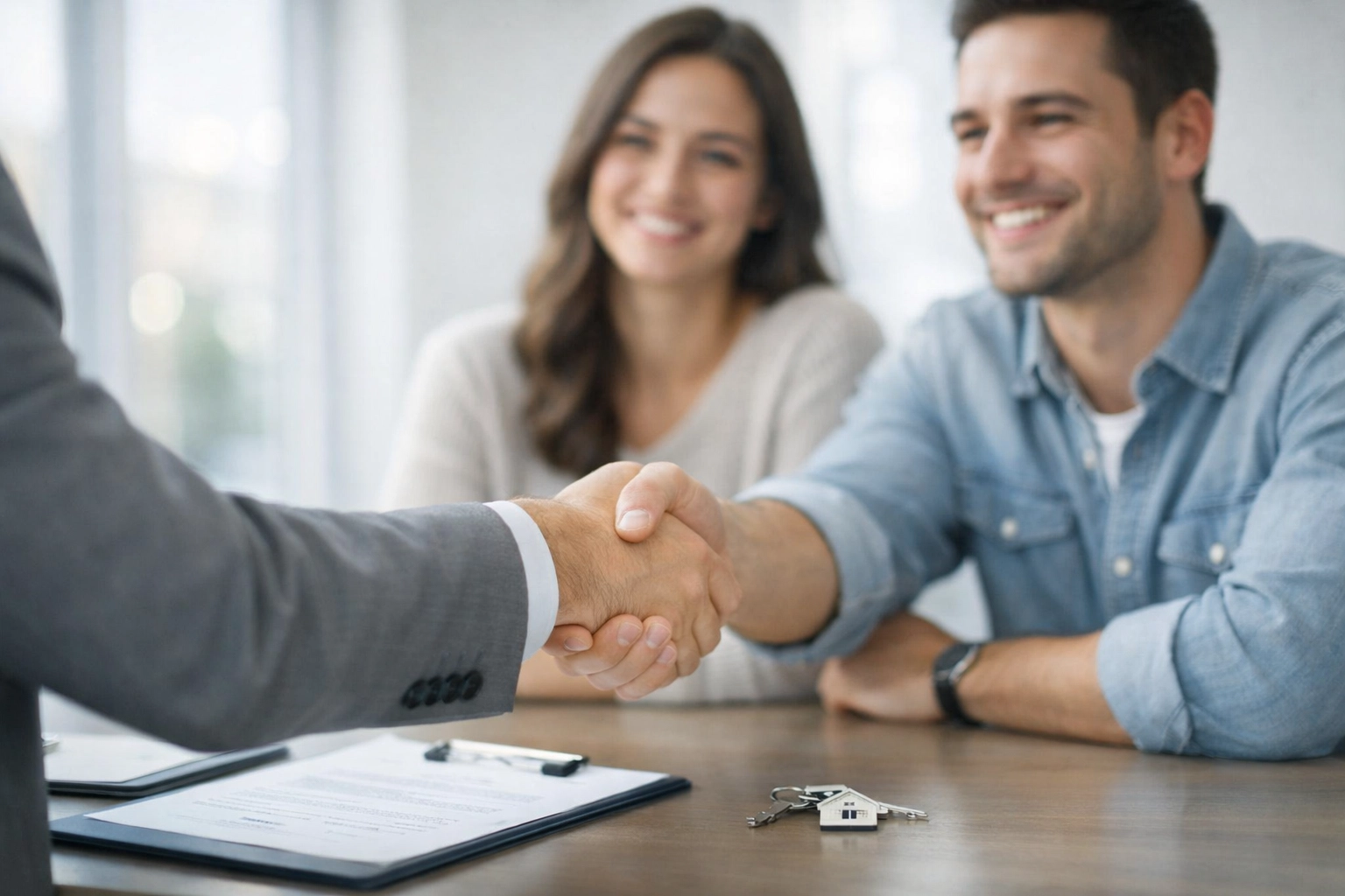 Mortgage broker shaking hands with couple in office building local trust