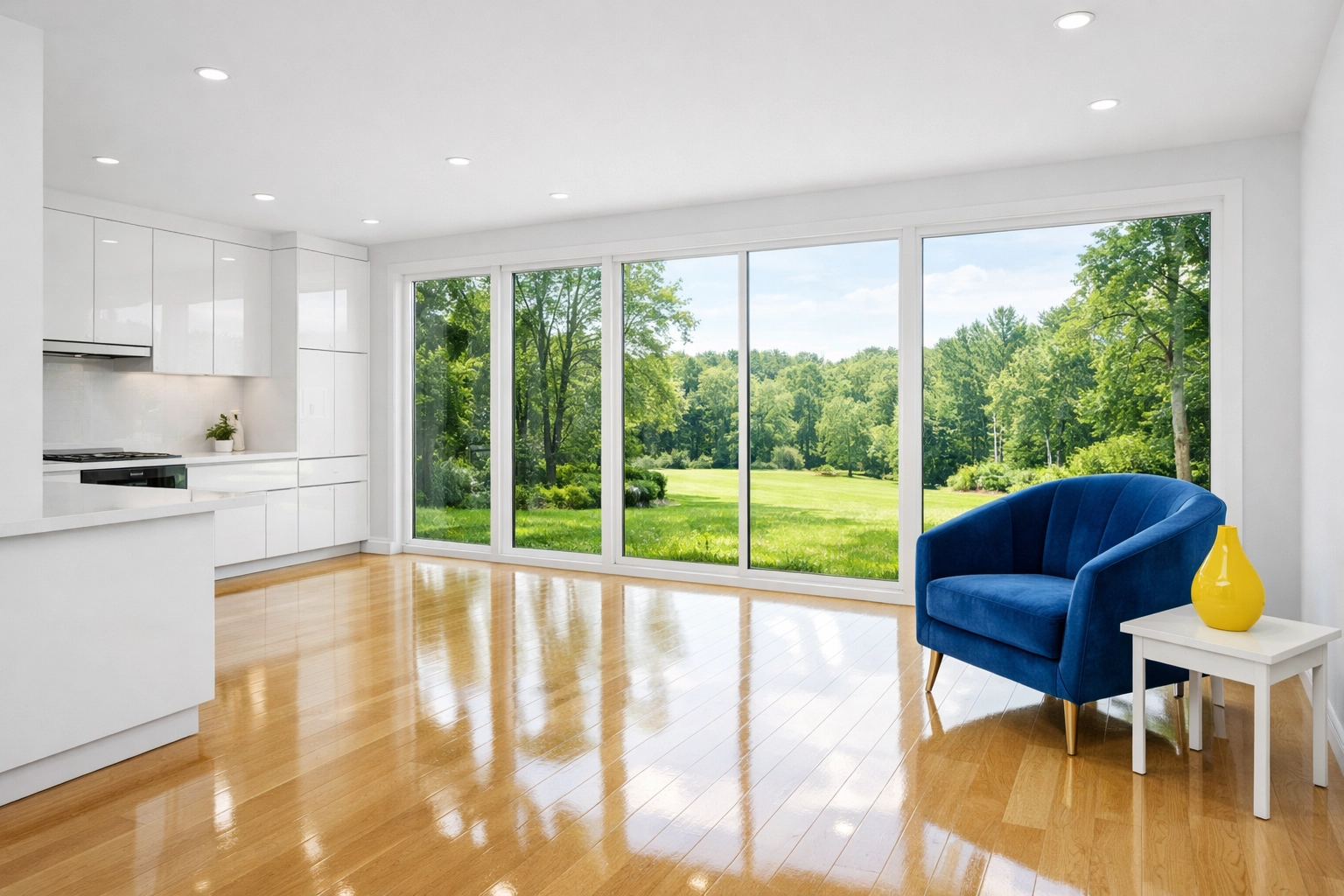 A bright Lynnfield luxury home living room after professional post-construction cleaning and dust removal.