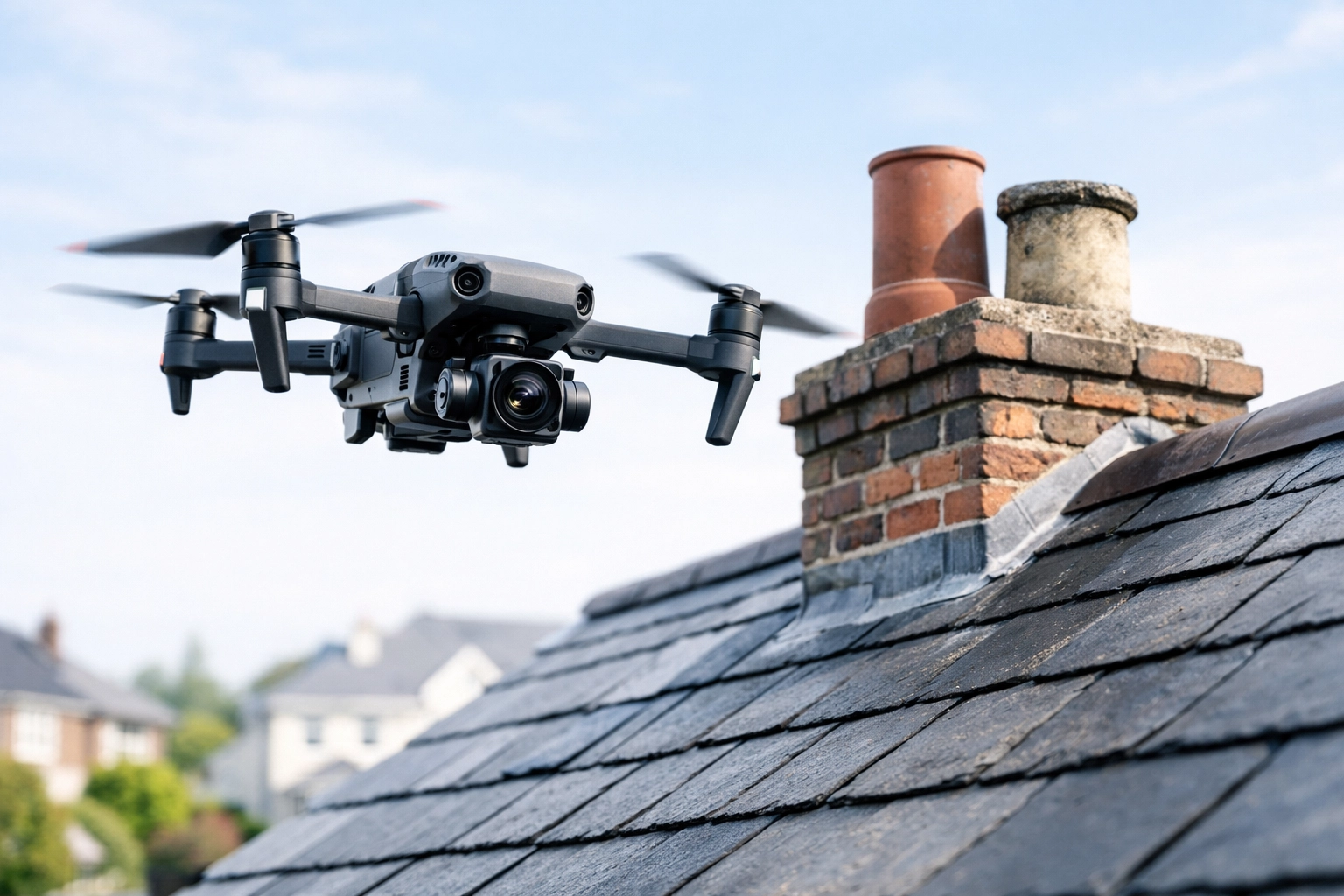 Professional drone roof survey inspecting chimney and slate tiles on an Armagh home.