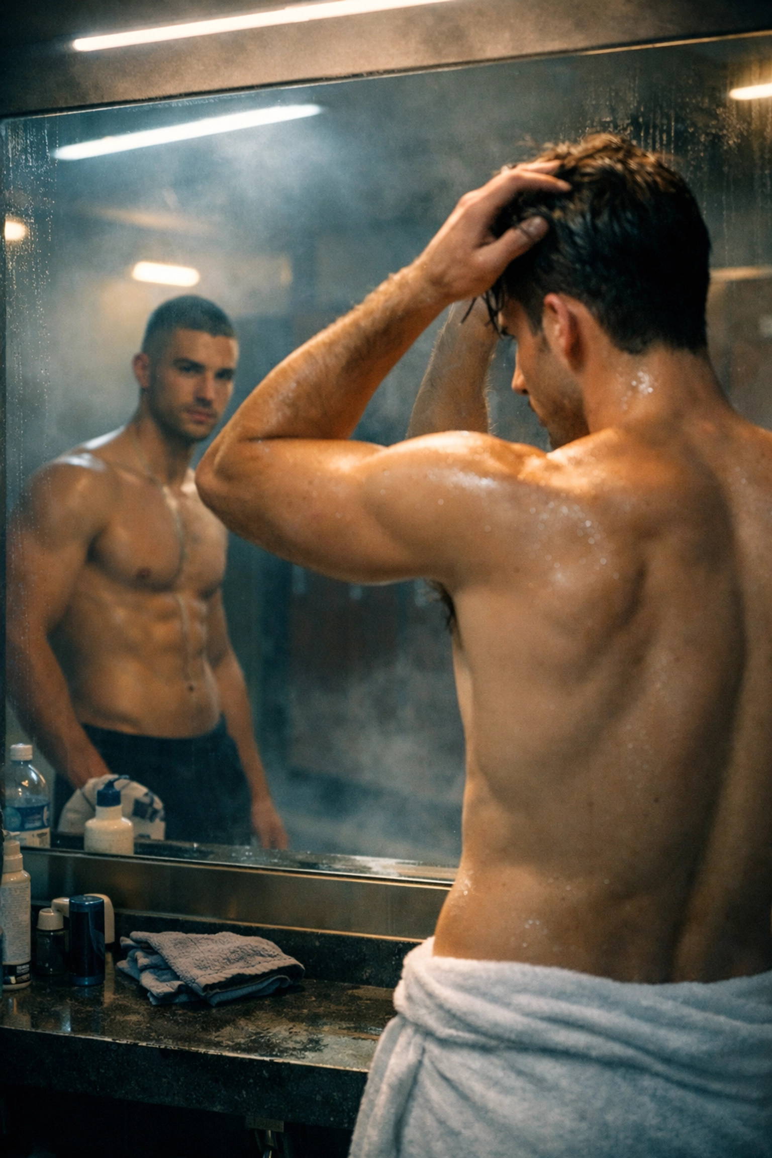 Gay men making eye contact through gym locker room mirror after workout