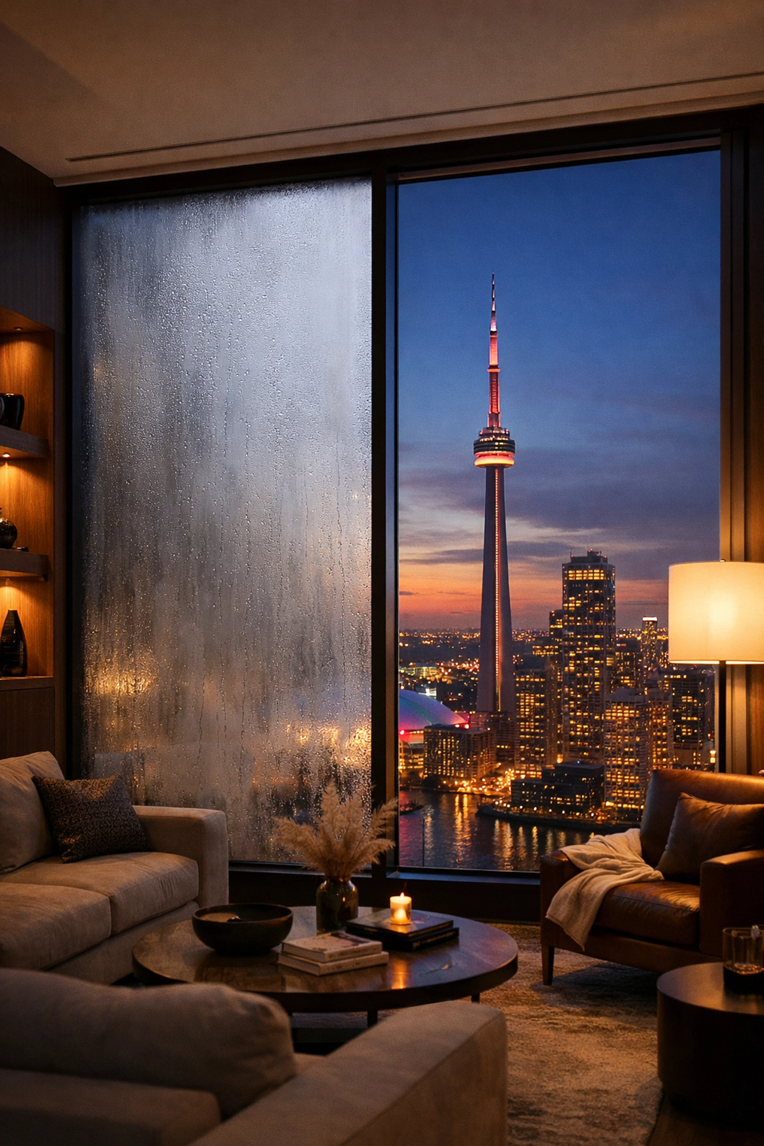 Foggy window repair in a Toronto condo showing condensation between glass panes and a clear city view.