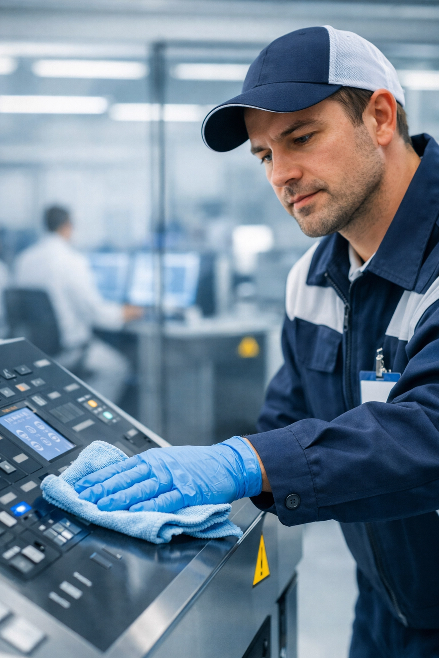Professional cleaner sanitizing high-touch surfaces in a Waltham biotech research facility.