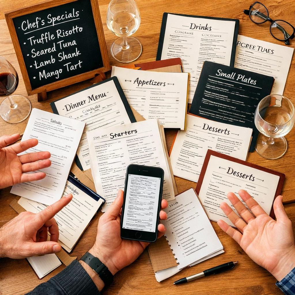 Chaotic restaurant table with multiple menus, smartphone, and confused diners ordering