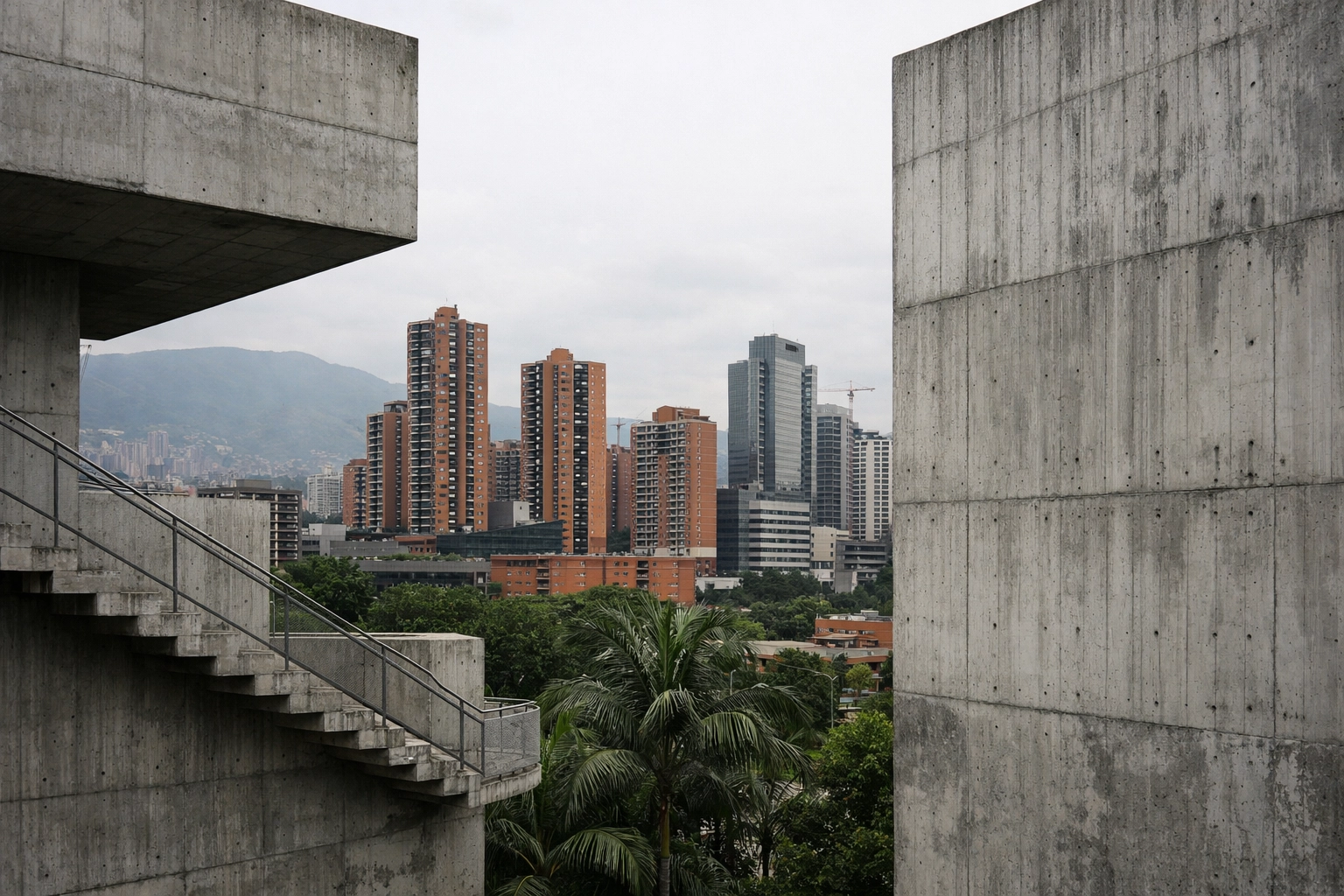 The modern architecture of the MAMM museum in Medellín overlooking the emerging urban skyline.