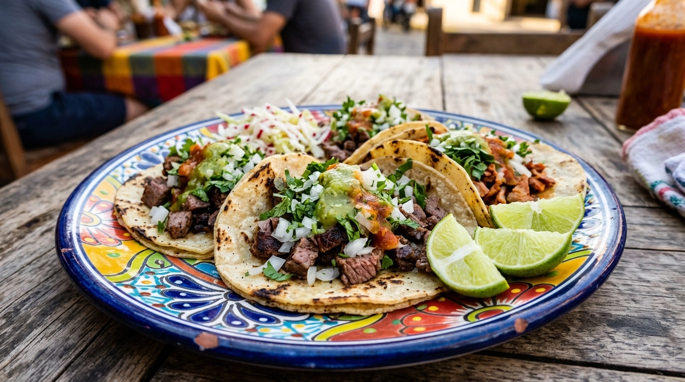 Close-up of authentic street tacos with cilantro, onions, and lime on a colorful plate.