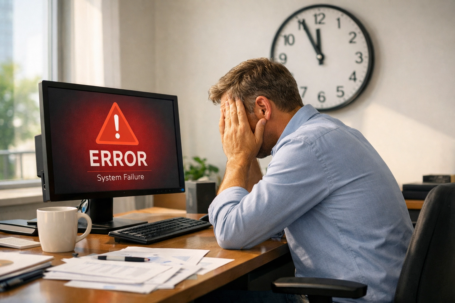 Frustrated business owner facing IT downtime with frozen computer screen before payroll deadline