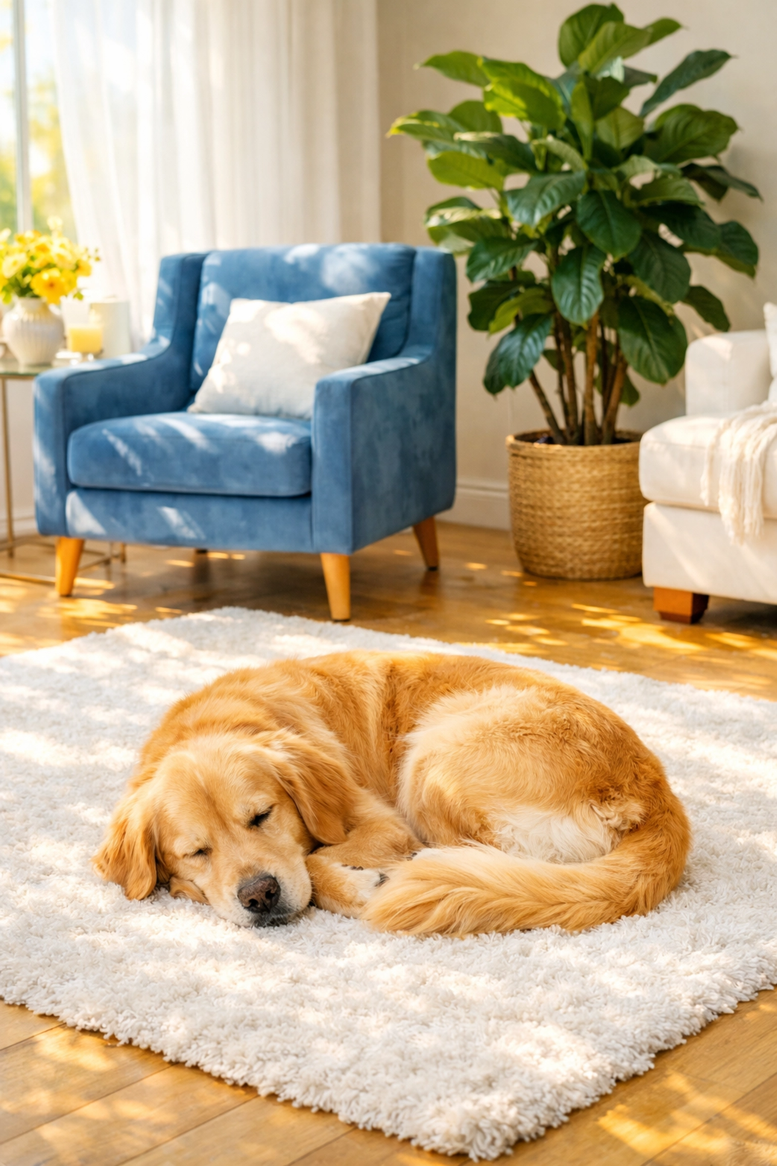 Happy dog on a clean rug in a Carlisle home, highlighting pet-safe eco-friendly cleaning.
