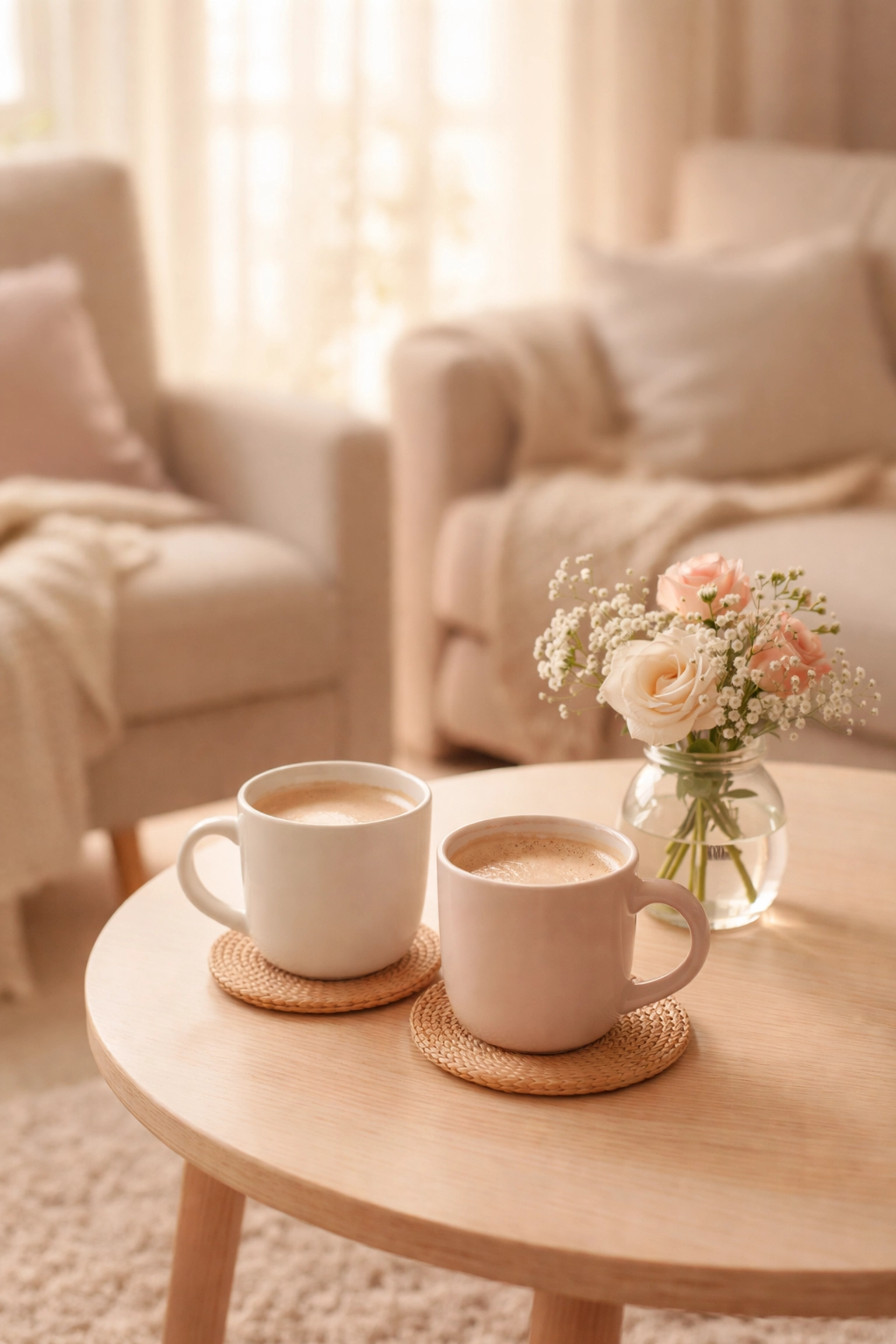 Two coffee cups in a cozy Sarasota living room setting, symbolizing a private assisted living conversation