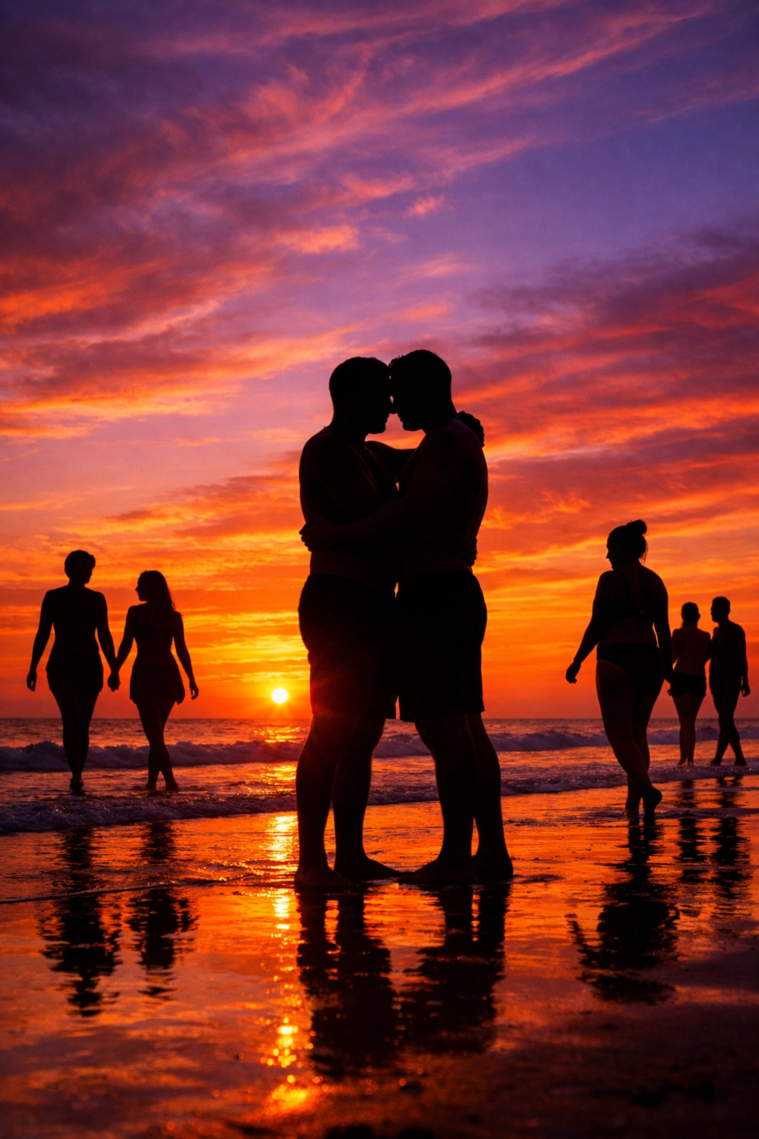 LGBTQ+ couple embracing as silhouettes on naturist beach at sunset