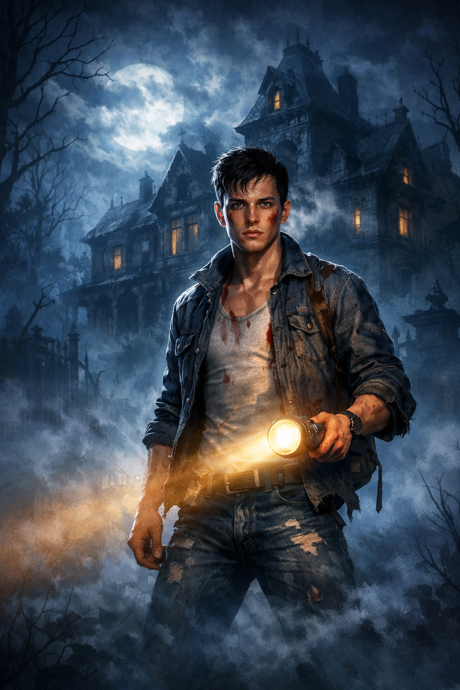 A defiant queer Final Boy standing outside a haunted manor house, showcasing resilience in horror fiction.