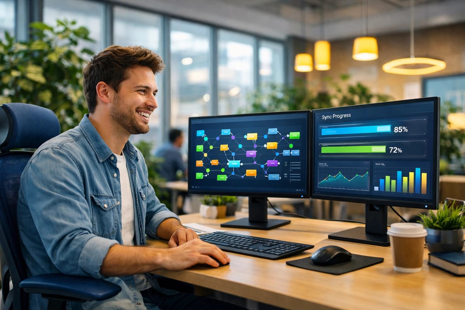 Professional using donor management software to track fundraising pledges and data.
