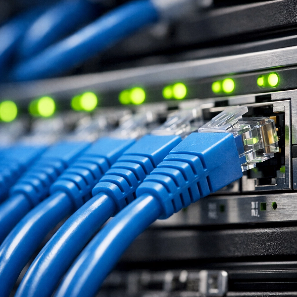 Networking switch and Cat6a cables providing professional structured cabling services for business VoIP.