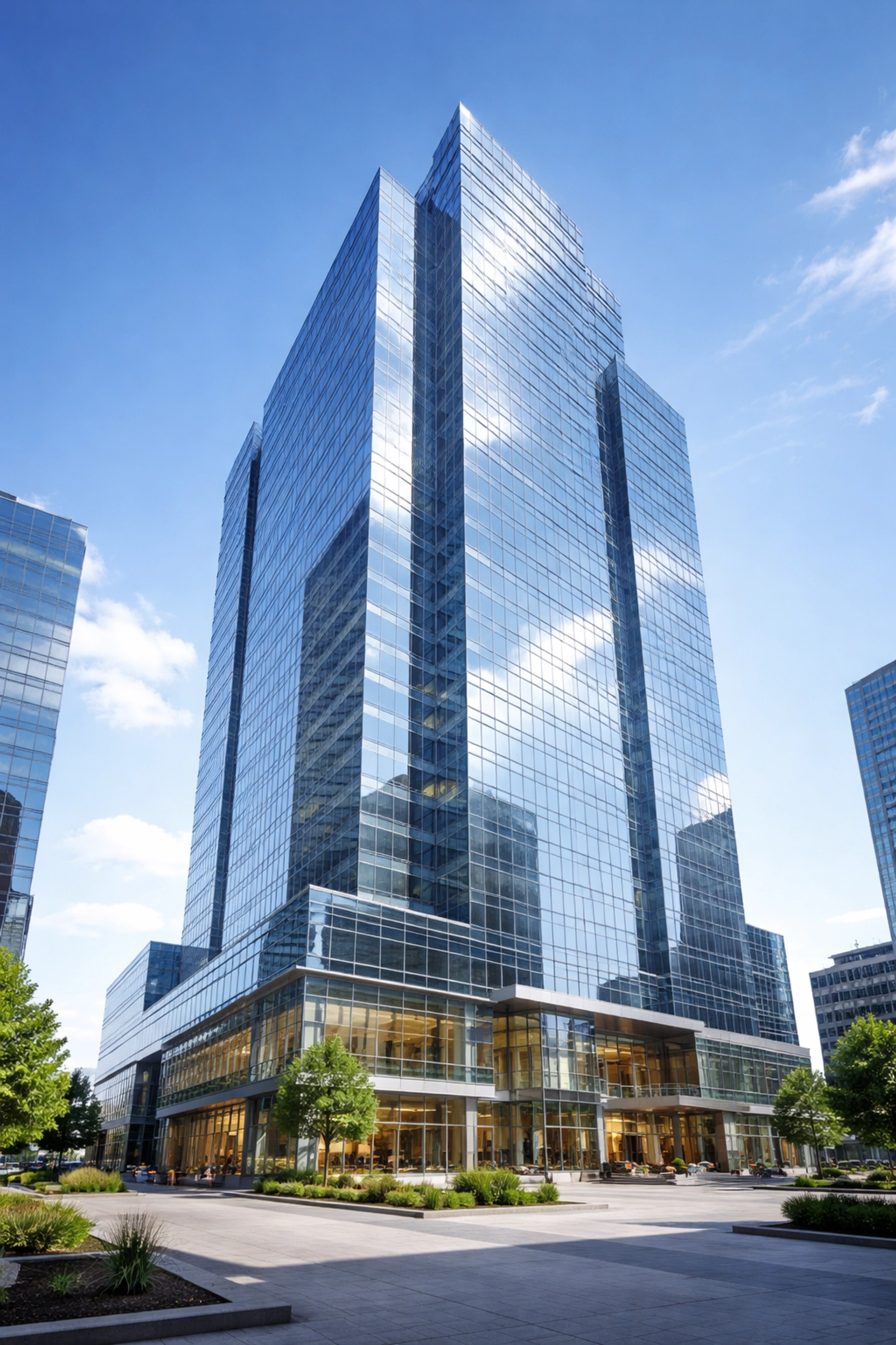Modern commercial high-rise building symbolizing innovation in real estate marketing technology and B2B platforms
