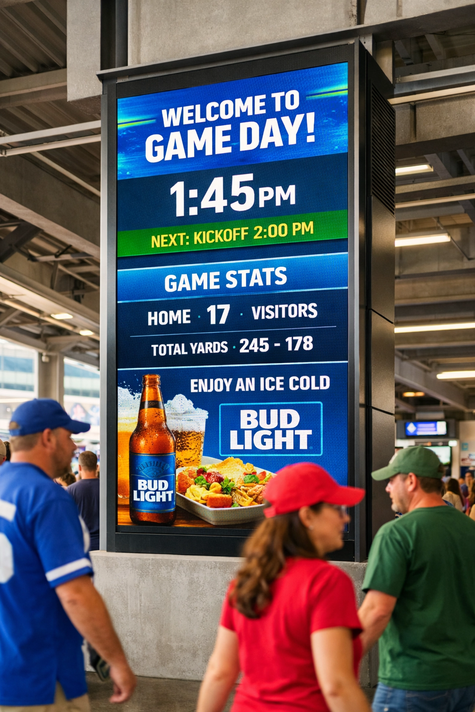 Modern digital signage in a stadium concourse showing fan engagement and sponsorship activations.
