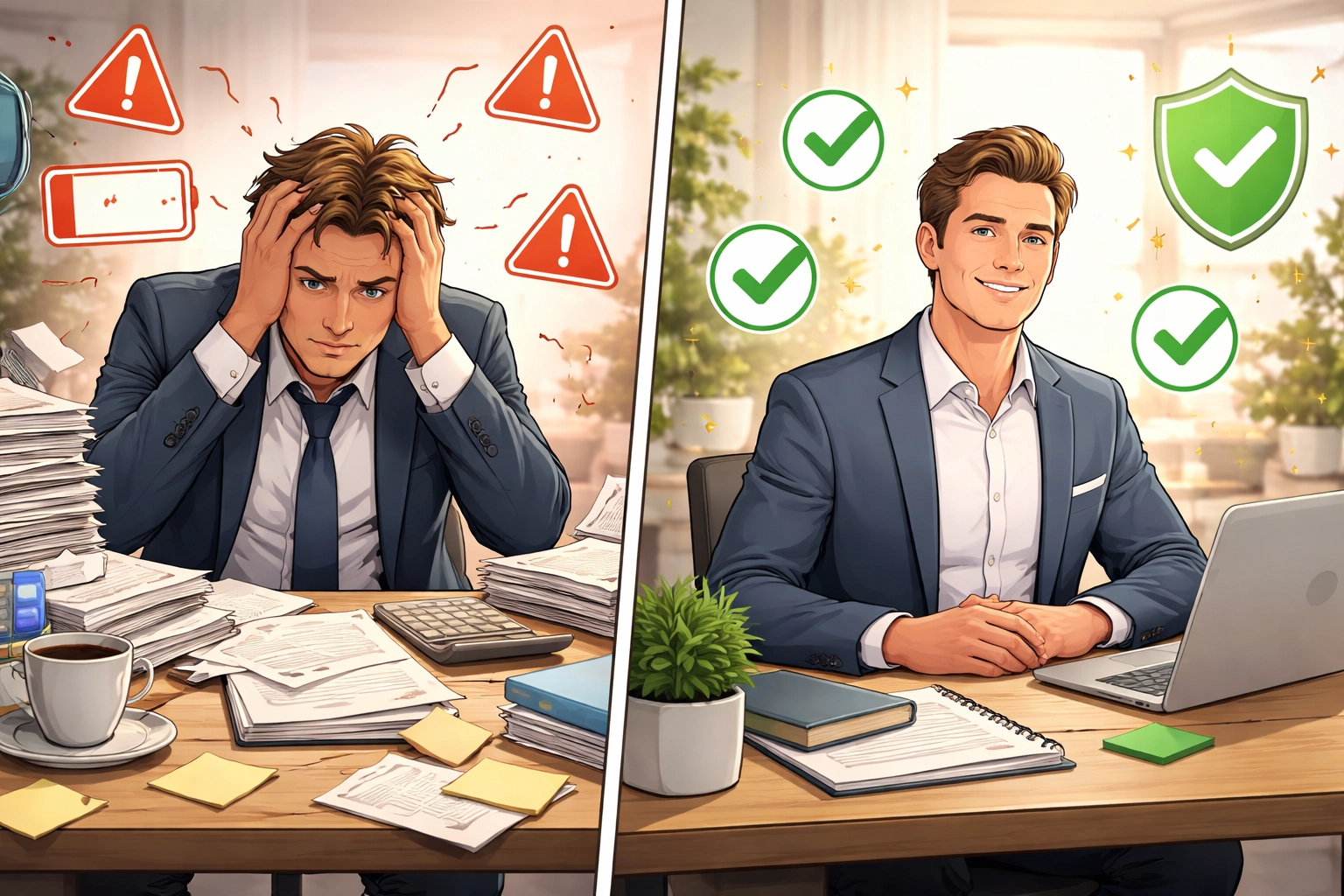 Stressed business owner contrasts with calm self, representing ISO 42001’s impact on AI risk management