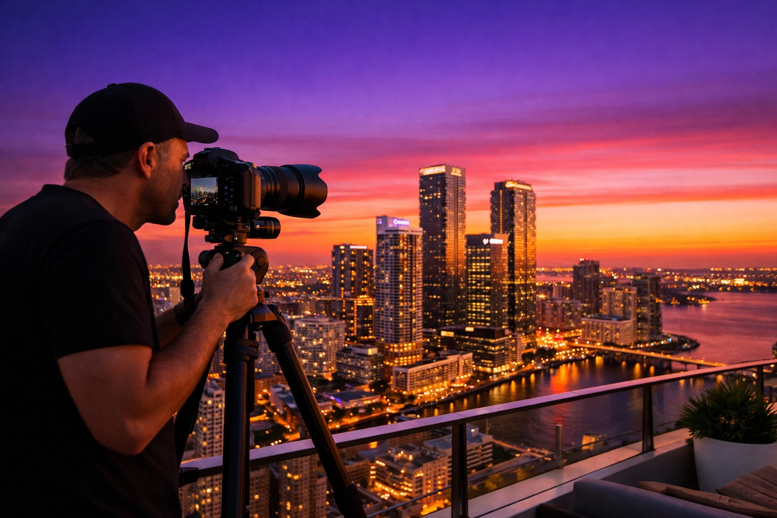 A Miami commercial photographer capturing the Brickell skyline from a luxury rooftop during magic hour.